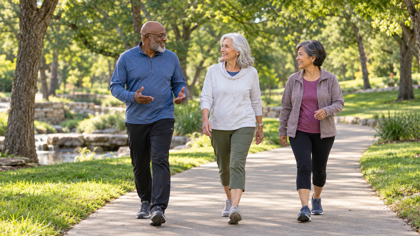 Three older adults walking and talking together on a sunlit path in a leafy park.